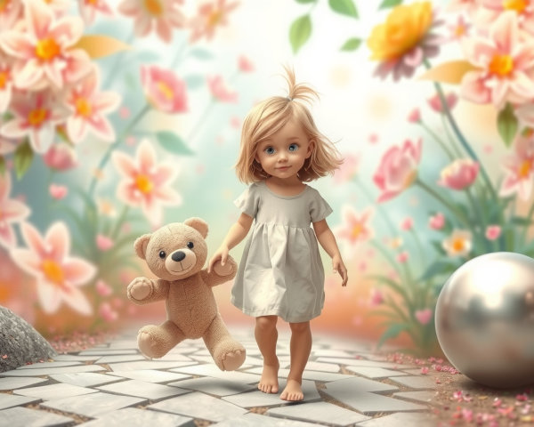 Child in Light Dress Walking in Vibrant Flower Garden