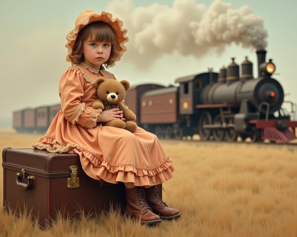 Young girl in vintage dress with teddy bear by train
