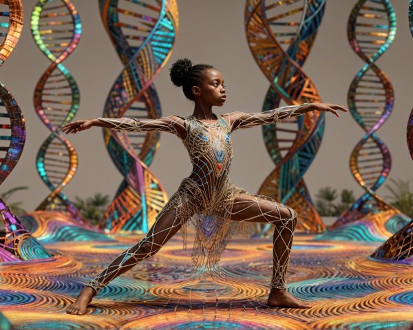 Young dancer in shimmering DNA-inspired costume