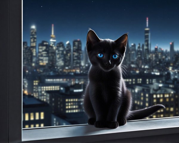 Close-up of a black cat with blue eyes on a windowsill