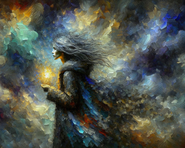 Contemplative Figure in Colorful Abstract Setting