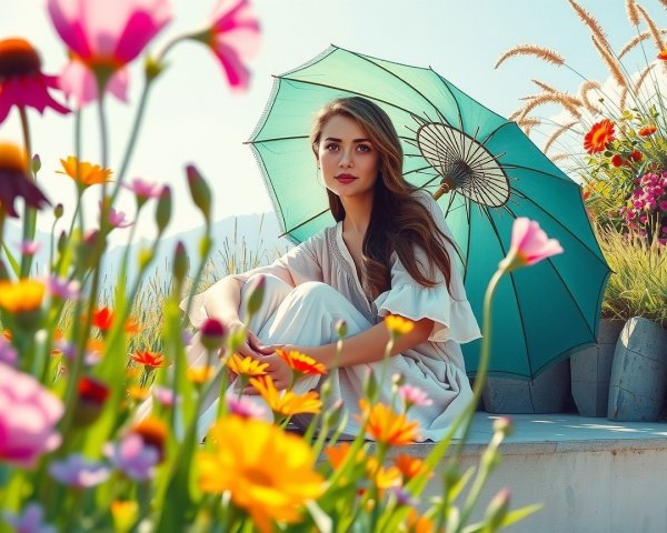 Young Woman on Ledge Surrounded by Colorful Flowers