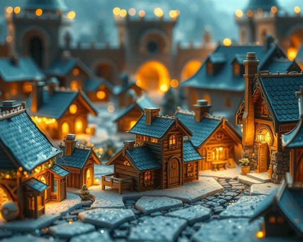 Charming Winter Village Scene with Golden Lights