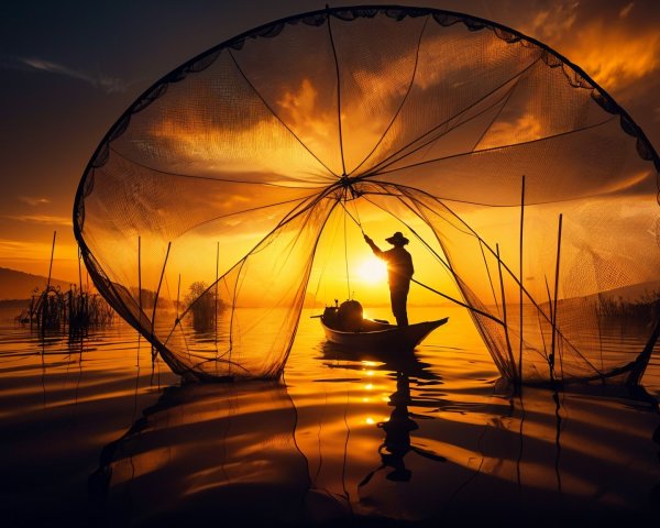 Fisherman Silhouette at Sunset on Calm Water