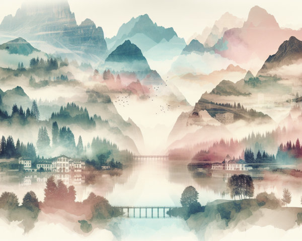 Serene Landscape of Misty Mountains and Calm Lake