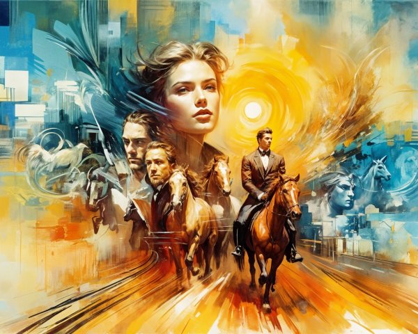 Vibrant Illustration of Horseback Figure with Portraits