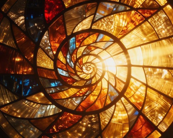 Vibrant Stained Glass Window with Nautilus Shell Design