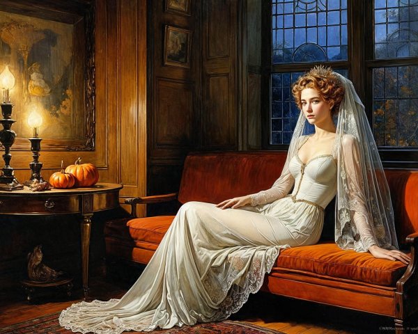Serene Bride on Vintage Couch in Elegant Setting