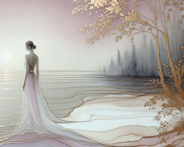 Serene figure by calm water with pastel colors