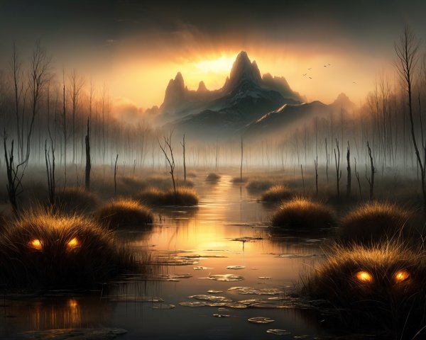 Mystical Dawn Landscape with Tranquil Swamp and Mist