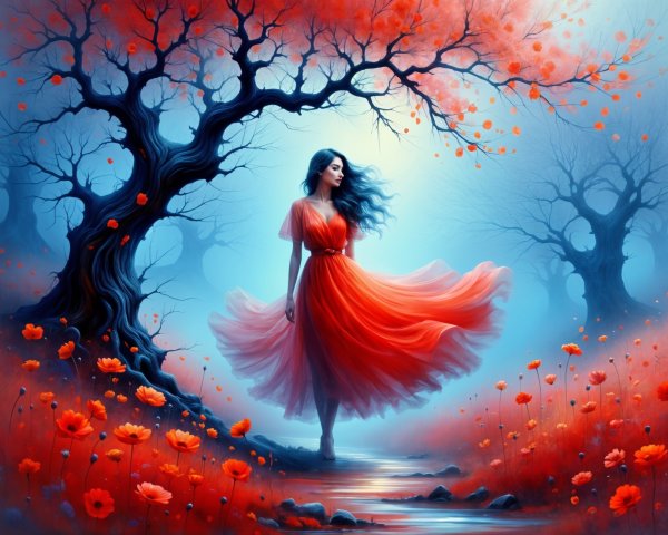 Surreal Landscape with Woman in Red Dress and Flowers