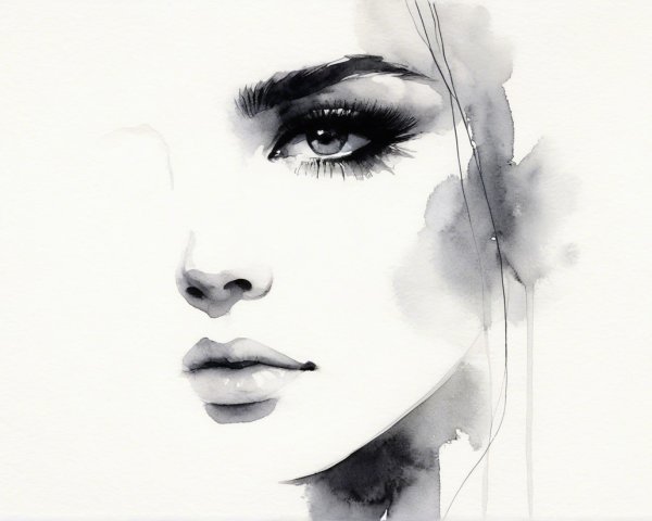 Watercolor Painting of Woman in Black-and-White Style