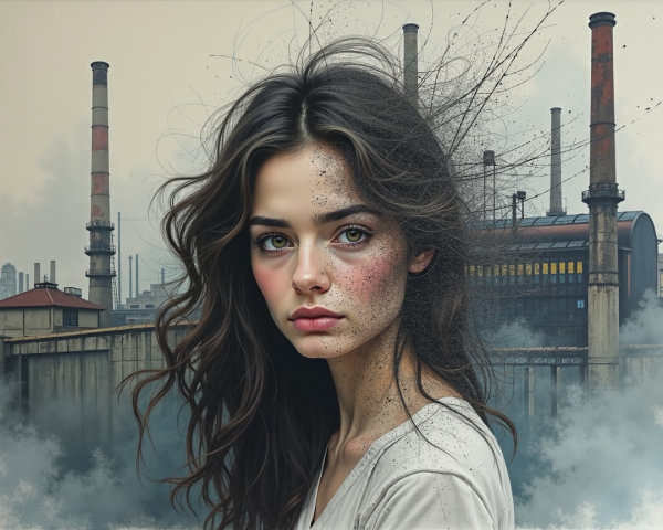 Young Woman in Foggy Industrial Setting with Smokestacks