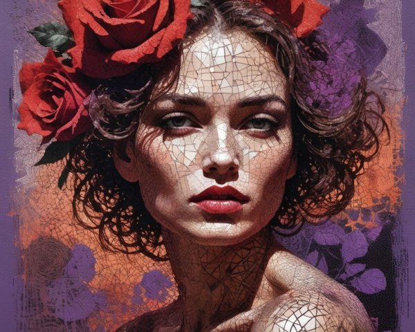 Woman with Intense Features Surrounded by Roses