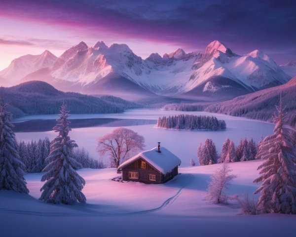 Serene Winter Landscape with Cozy Cabin and Mountains