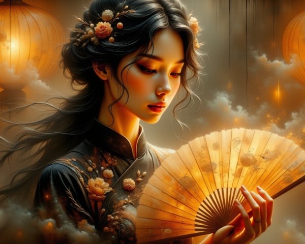 Serene Young Woman in Embroidered Gown with Lanterns