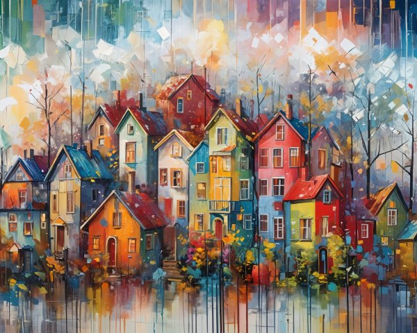 Abstract Colorful Houses Surrounded by Autumn Trees