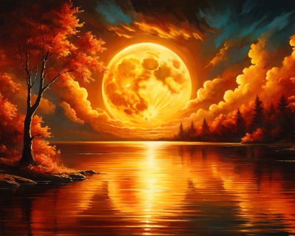 Vibrant Sunset Over Serene Lake with Silhouetted Trees