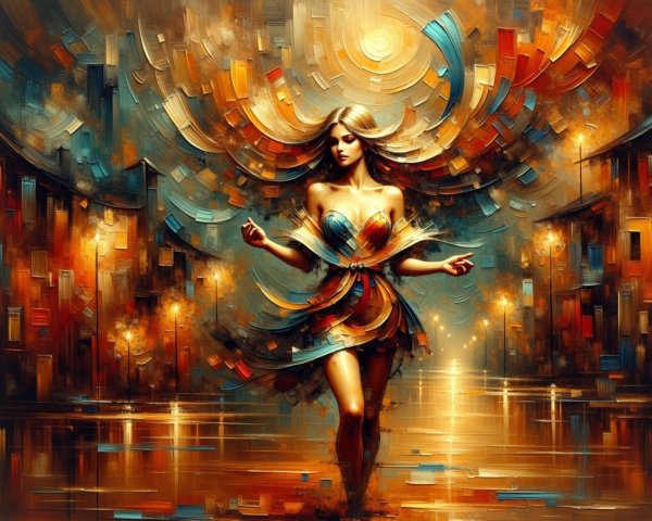 Abstract Artwork of Woman in Flowing Dress and Cityscape