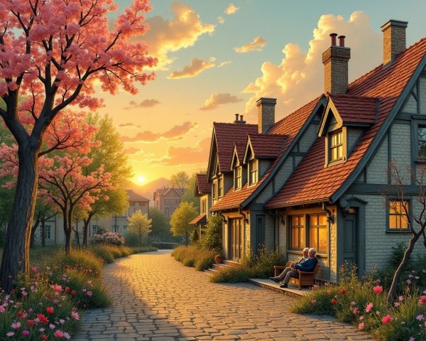 Serene Sunset Over Cozy Neighborhood with Blossoms