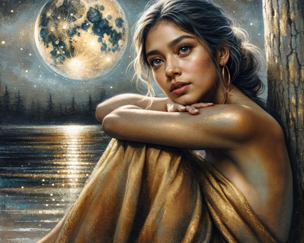 Portrait of a Young Woman by a Moonlit Lake