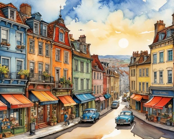 Charming Street Scene with Colorful Buildings and Cobblestones