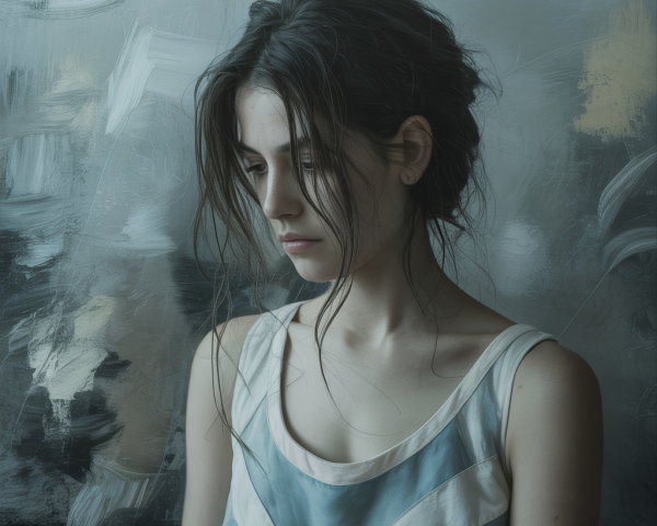 Young woman in soft dress before abstract backdrop