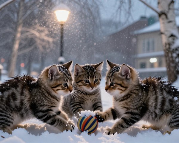 Fluffy Tabby Kittens Playing in the Snow with Ball