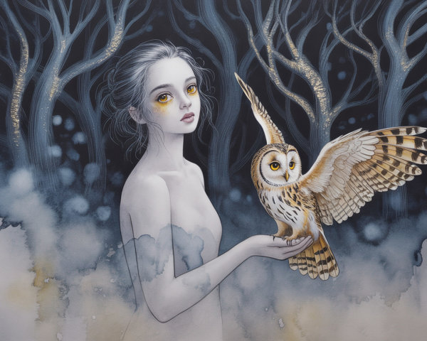 Ethereal Girl with Owl in Dark Misty Forest Scene