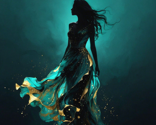 Silhouette of a Woman in Flowing Teal Gown