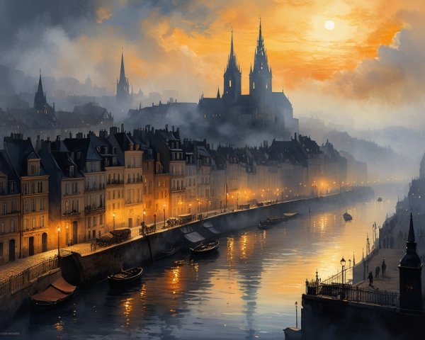 Serene Cityscape at Dawn with Historic Buildings