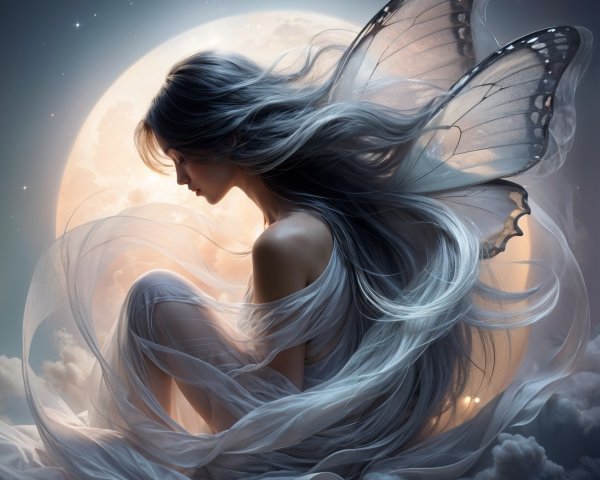 Serene Figure with Silver Hair and Butterfly Wings