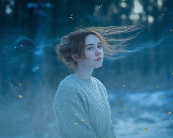 Young Woman in Cozy Sweater in Wintry Landscape