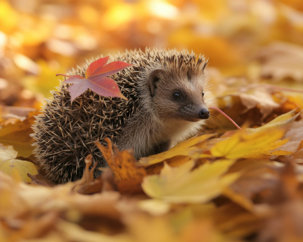 Hedgehog Among Colorful Autumn Leaves and Maple Leaf