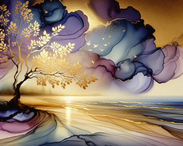 Vibrant Tree with Golden Leaves and Colorful Clouds