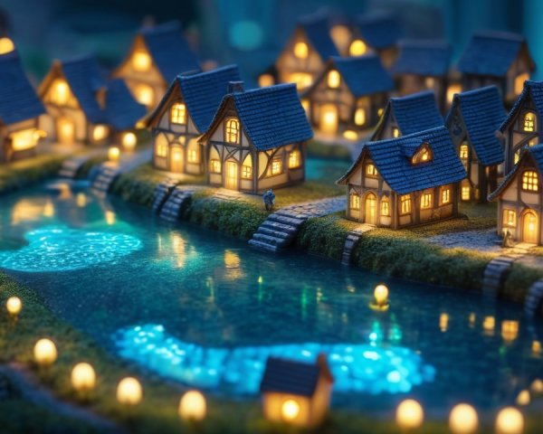 Miniature Village with Illuminated Houses and Pond