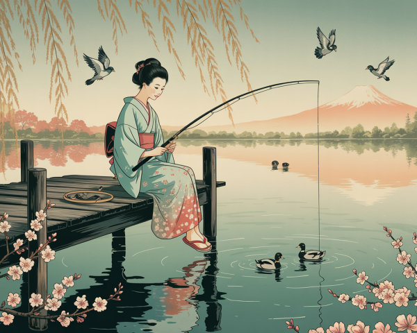 Woman in Traditional Attire Fishing by Tranquil Lake