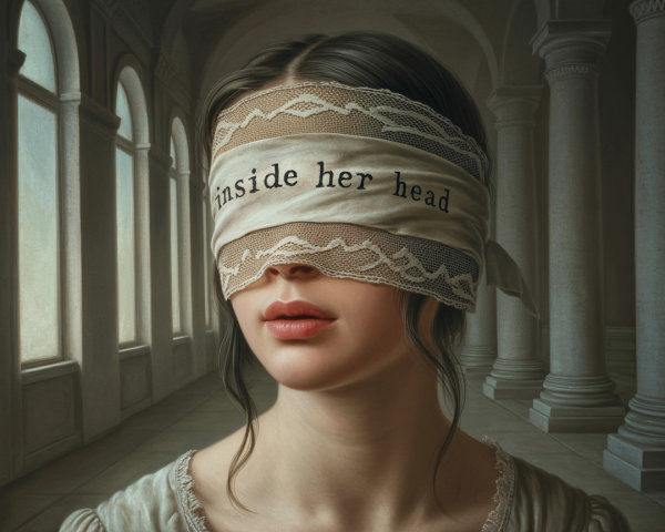 Woman with Lace Blindfold in Architectural Setting