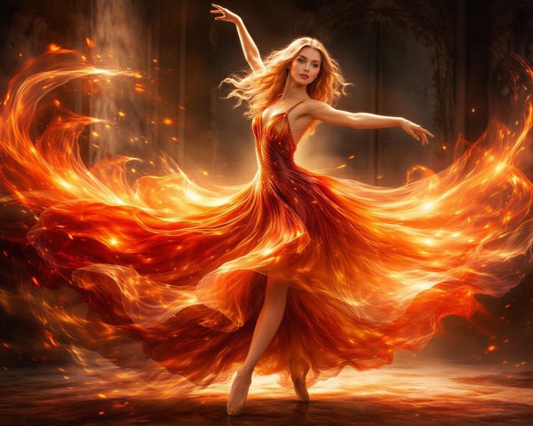 Female Dancer in Flowing Crimson and Orange Gown