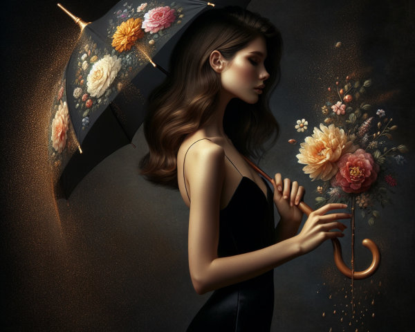 Elegant Woman with Floral Umbrella and Bouquet