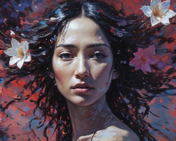 Portrait of a Young Woman with Flowers and Abstract Background
