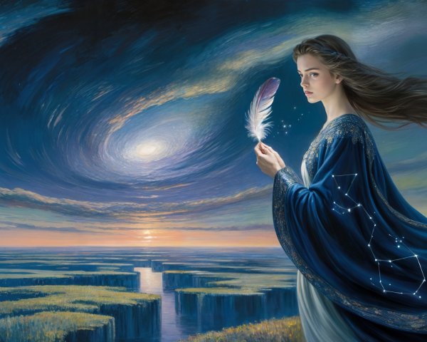 Mystical Scene of Woman in Blue Robe with Feather