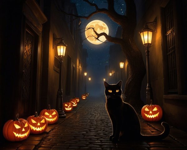 Haunted Alleyway with Glowing Lamps and Jack-o'-Lanterns