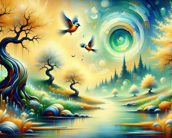 Vibrant Abstract Landscape with Trees and River