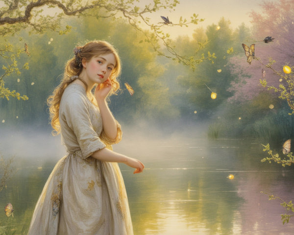 Serene Dawn Scene by a Tranquil River with Butterflies