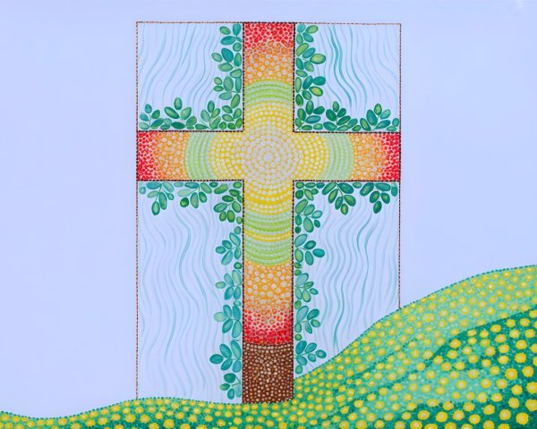 Stylized Cross with Vibrant Patterns and Surroundings