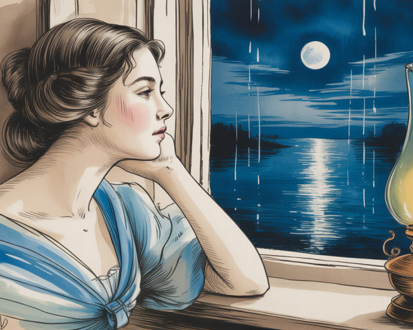 Thoughtful Woman Gazing Out Window in Moonlight