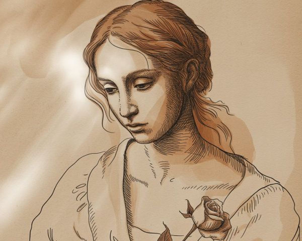 Somber Woman with Rose in Soft Earth Tones Illustration