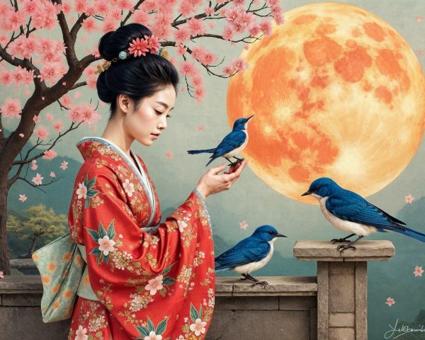 Young Woman in Kimono Under Cherry Blossoms and Moon