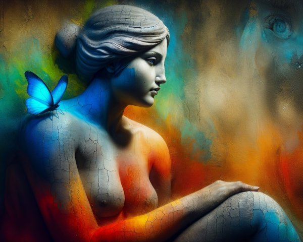 Abstract Artwork of Woman with Vibrant Colors and Butterfly